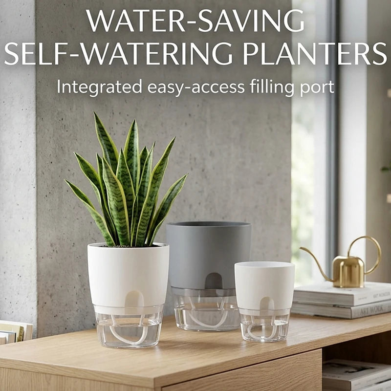 Self-watering plant pot with clear water reservoir
